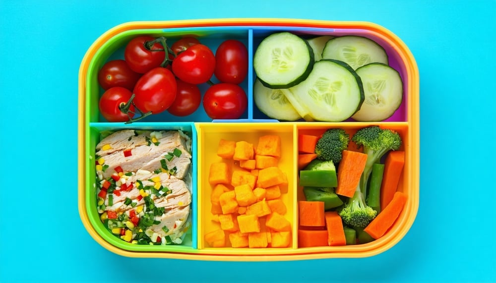 A colorful meal prep container with balanced portions of protein, carbs, and vegetables, representing healthy eating for fitness.